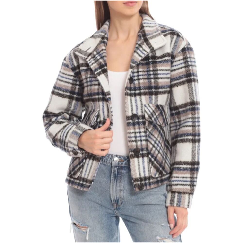 Avec Les Filles Brushed Plaid Bone & Black Oversized Button Up Coat Jacket